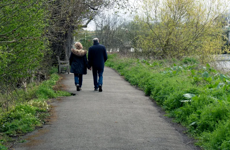 벚꽃길을 걷는 산책 장면