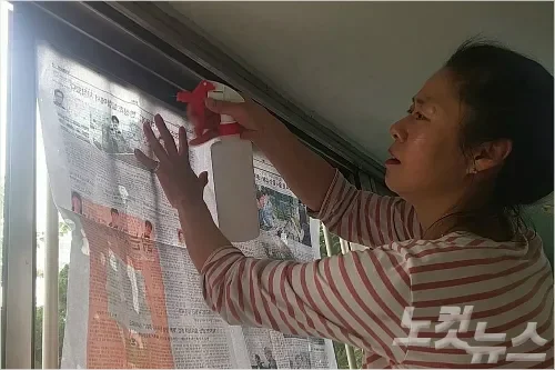 솔에 물티슈를 감싸서 닦는 방충망 청소 모습